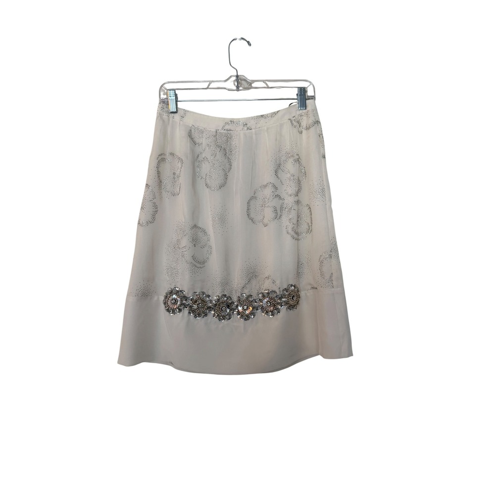 Silk Midi Skirt-made in USA- Silver Glitter Sequin Floral Sz 2